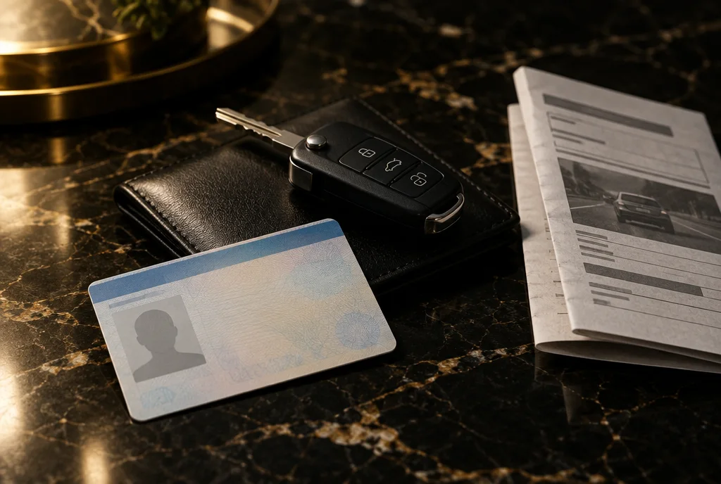 Cartão de habilitação e chave de carro, área de trânsito do AR Advogados