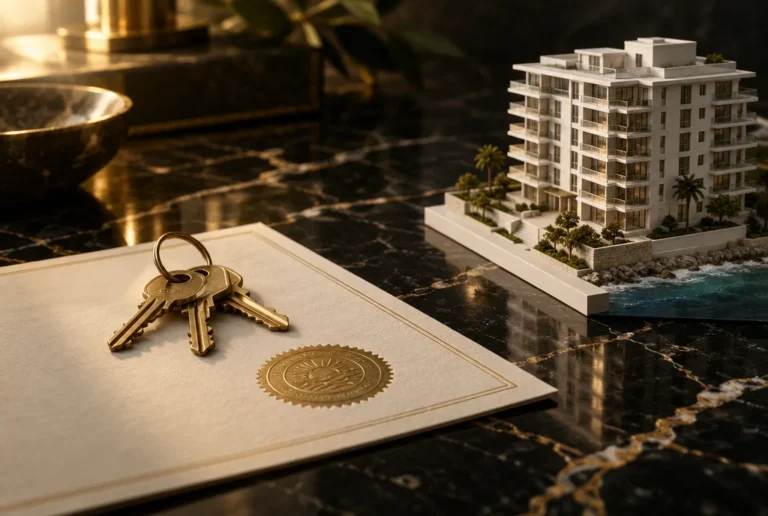 Chaves de imóvel sobre escritura e maquete de prédio, área imobiliária do AR Advogados