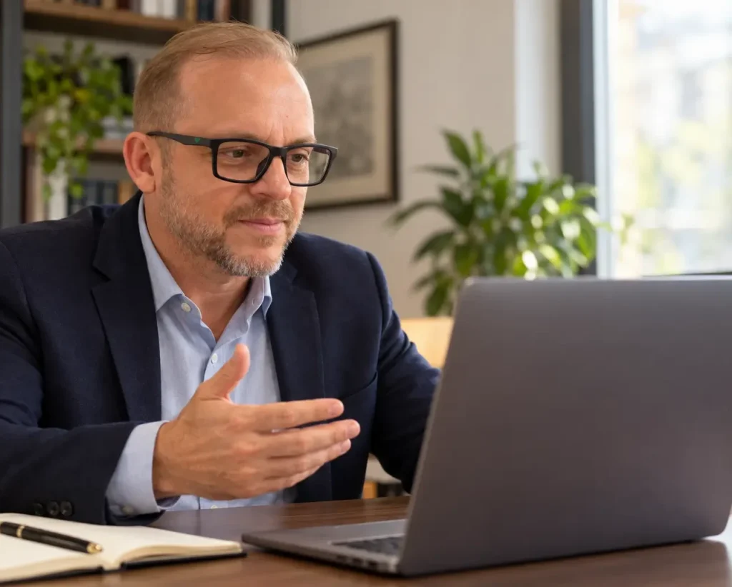 Advogado Antônio Ramos em atendimento online por videochamada, para clientes de todo o Brasil