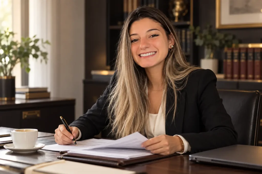 Advogada Erika Domingues Gama analisando documentos de cliente no escritório